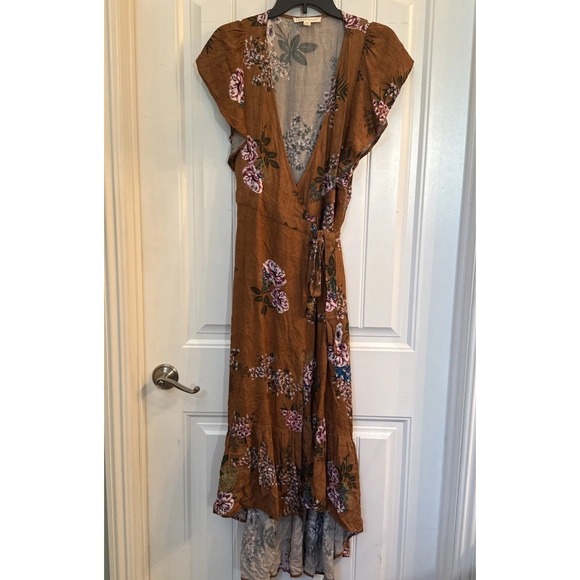 lovestitch Dresses & Skirts - Love Stitch Dress Maxi Wrap Medium Rust Floral Pattern High Low Flutter Sleeves